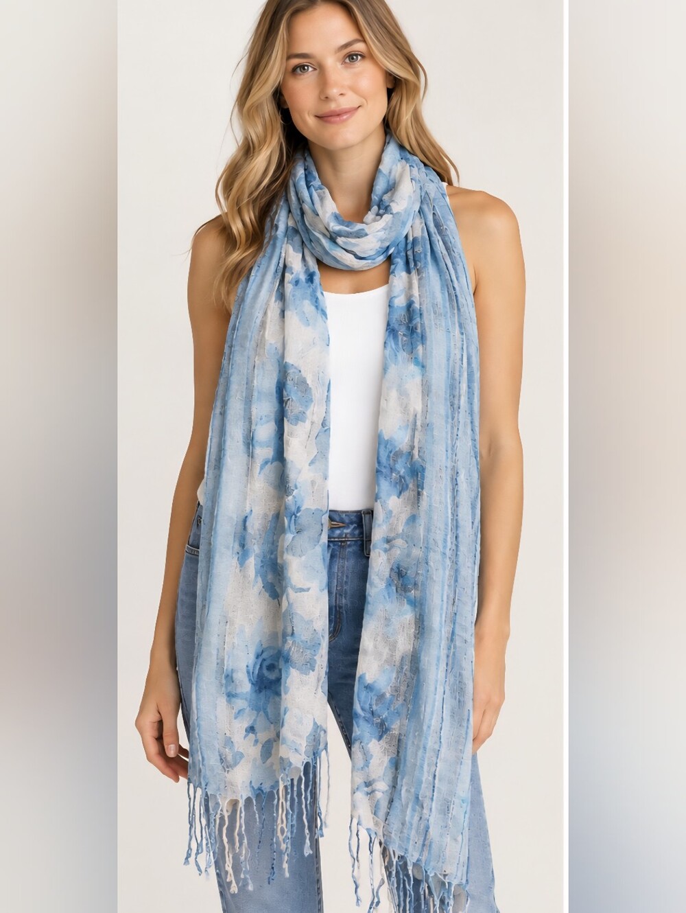 Blue Floral & Striped Lightweight Scarf /Wrap Fringed Hem 22" x 68"